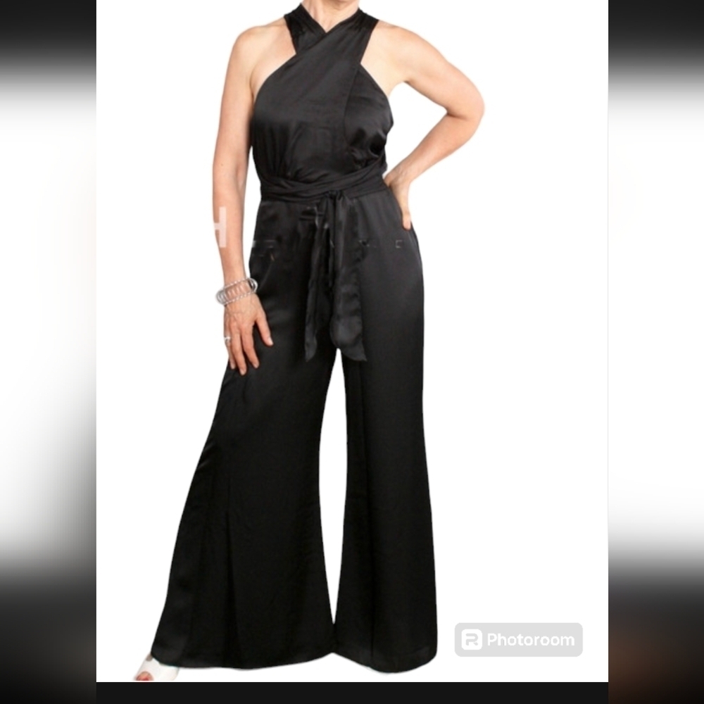 Samuel Dong Halterneck Belted Wrap Wide Leg Jumpsuit black Medium T11